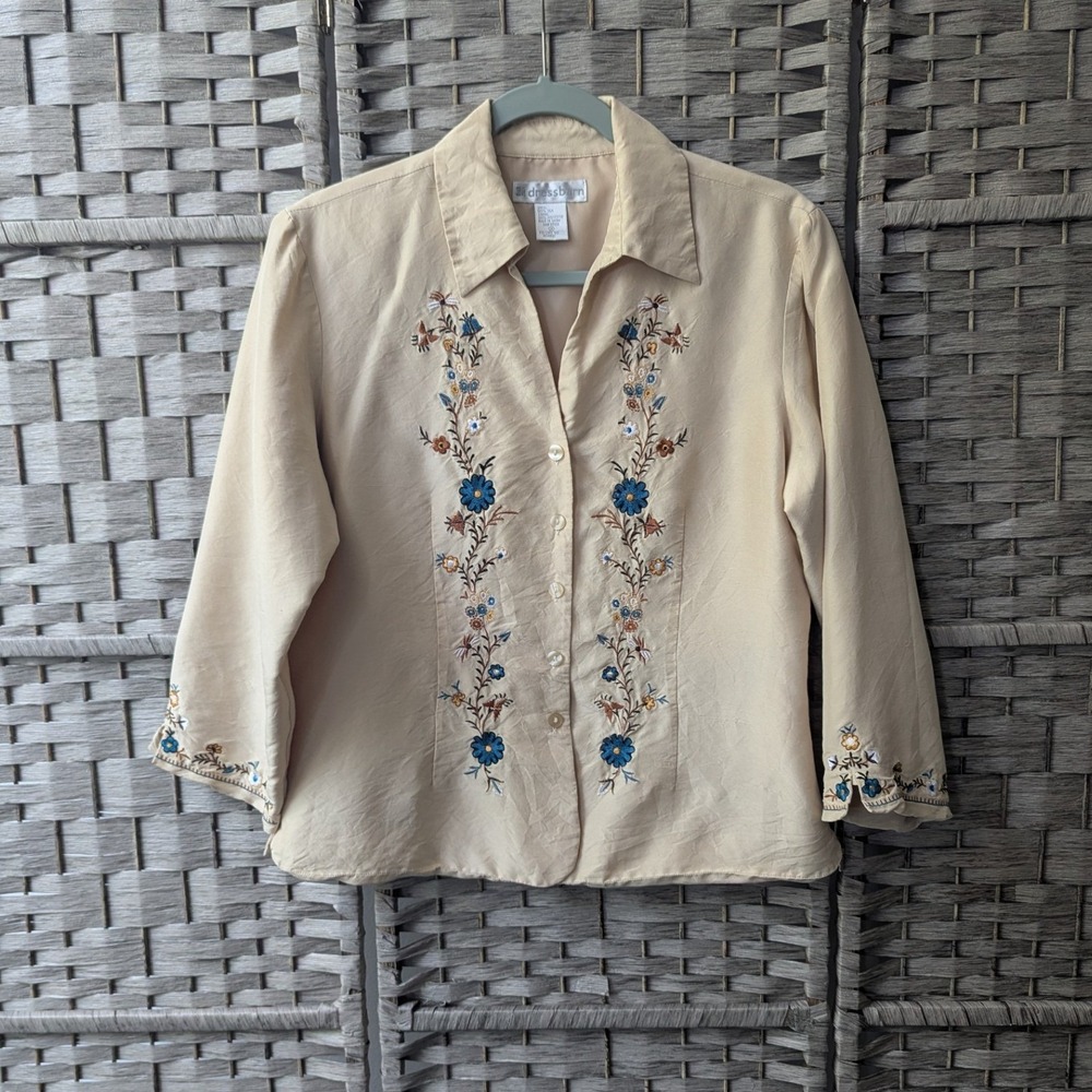 Vtg Dressbarn Blouse Beige Floral Embroidered Silk Button Up Sz M Cottagecore